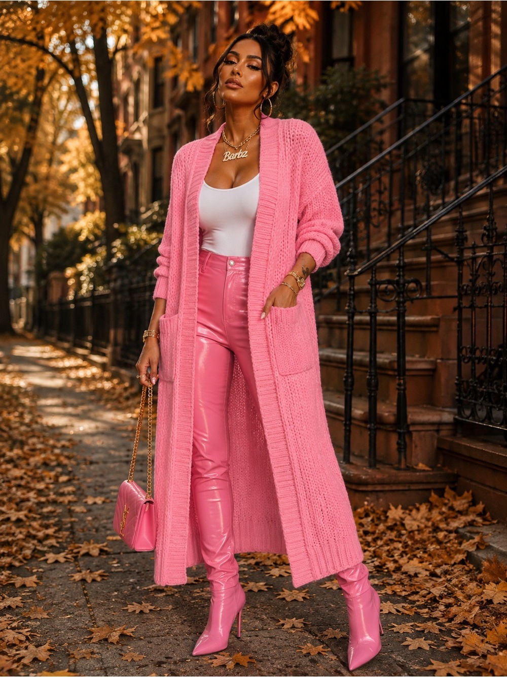 Long Open-Front Pink Knit Cardigan with Pockets - Women's